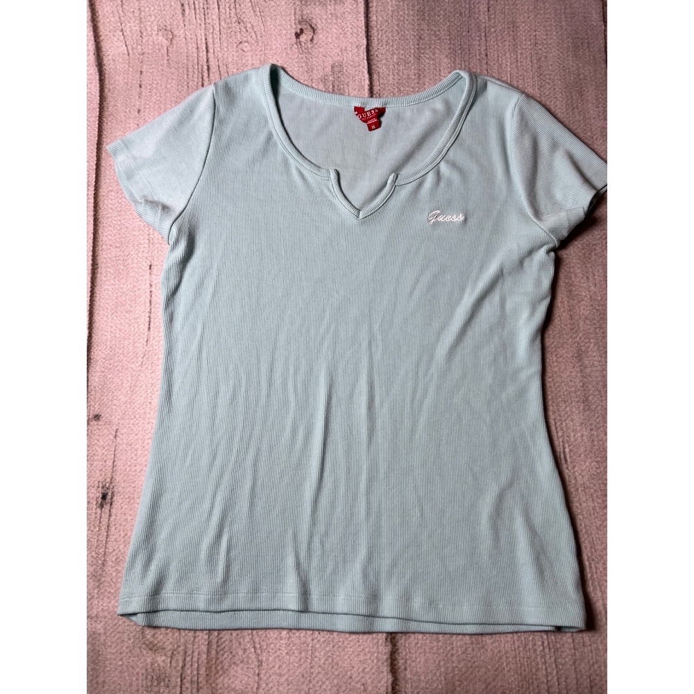 Guess T-Shirt‎ Women XL Light Blue Ribbed Notch Neck Embroidered Y2K Minimalist